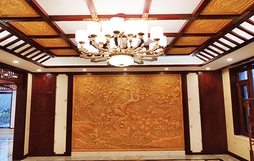 许昌中式别墅客厅中式木作横梁吊顶装饰展示