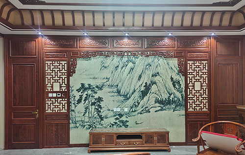 许昌中式仿古别墅客厅背景墙花格木作装饰